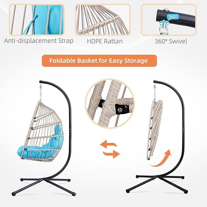 Foldable Hanging Egg Chair with Stand, HDPE Rattan and Heavy Duty Aluminum-Steel Frame, Outdoor Patio Wicker Swing Egg Chair with Headrest and Cushioned, 350 Lbs Capacity (Blue)