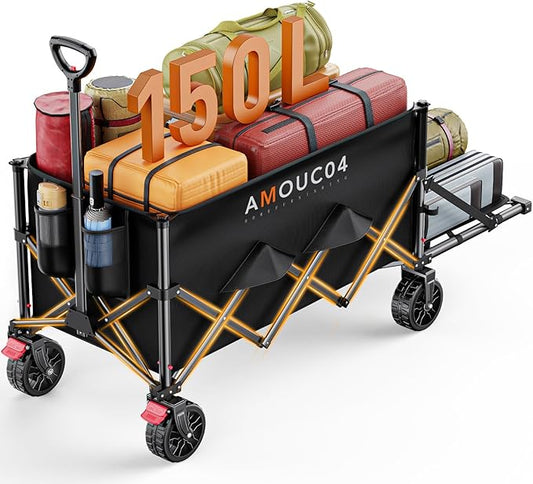 Wagon Cart Foldable, Collapsible Wagon with Expandable Storage, 150L Foldable Grocery Cart with 2 Cup Holders for Outdoor, Garden, Camping &Groceries