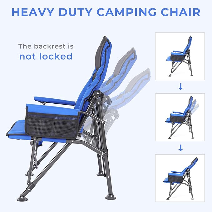 Camping Chairs for Adults, Adjustable Backrest Heavy Duty Oversized Folding Camping Chair Supports 350lbs for Outside with Cup Holder&Side Pocket, Outdoor Folding Camp Chair with High Back (Blue)