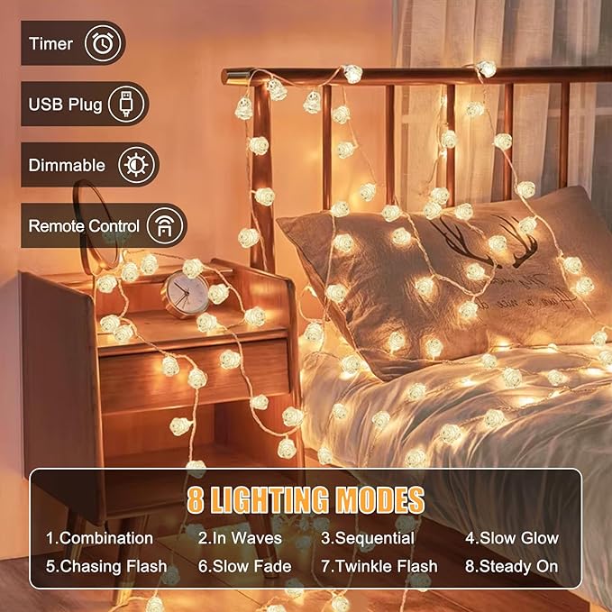 String Lights Indoor, 33Ft 80 LED Rose Flower Lights, 8 Modes Dimmable & Timeable Twinkle Lights, Festival Christmas Decorations for Bedroom Living Room, White, USB Plug, Remote