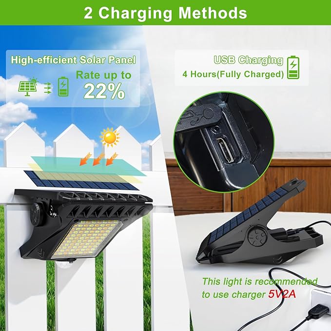 Tryme 118Leds Solar Lights Outdoor Clip Motion Sensor Lights Security Light 3 Modes, 3 Color Temperature, Solar Powered, USB Charging (2 Pack)