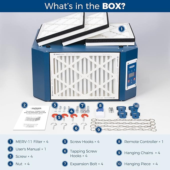 AlorAir 360 degree Intake Air Filtration System - (1350 CFM) with Strong Vortex Fan, Built-in Ionizer, Shop Dust Collector for Woodworking Shop, Garage Works Shop, Purecare 1350IG