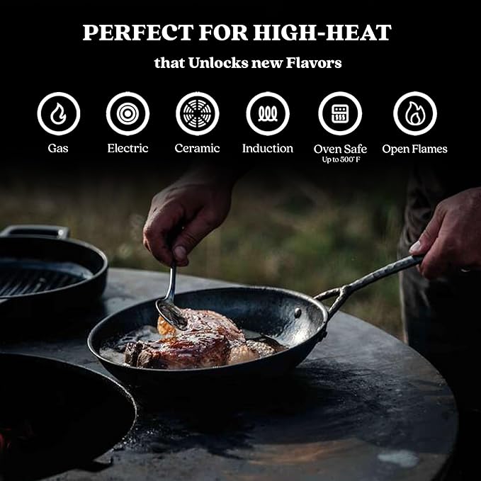 Alva Artist Carbon Steel Frying Pan Cookware Set – Pro-Grade Searing, Pre-Seasoned & Naturally Non-Stick, PFAS-Free – Heats 3× Faster Than Cast Iron – Oven, Grill & Induction Safe, Lightweight Design