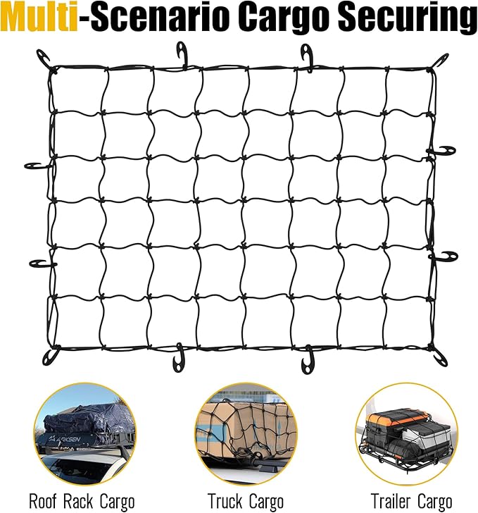 ARKSEN 36" x 48" Heavy Duty Tangle-Free Nylon Cargo Net (6" x 6" Mesh) Universal Bungee Stretches for Pickup, Truck, Bed, SUV, Roof Rack & Travel Luggage Rack