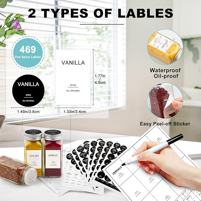 AISIPRIN 24 Pcs Glass Spice Jars with Labels, 4oz Small Empty Square Seasoning Containers Bottles - Shaker Lids, Funnel, Brush,469 Labels and Marker Included