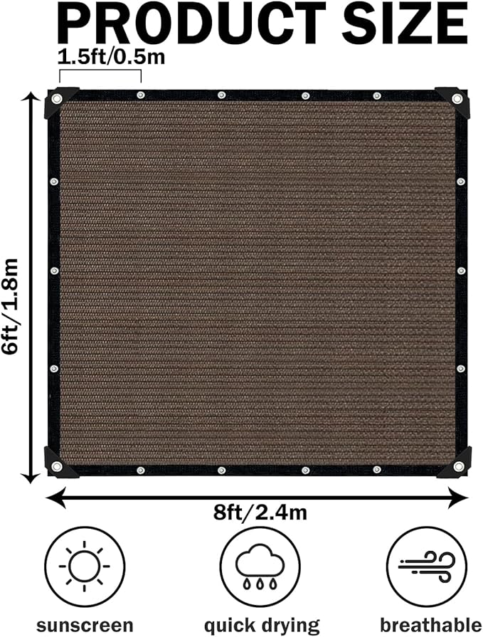 Mocha Sun Shade Cloth,Pergola Shade Cover with Reinforced Grommets,90% Shade Fabric Fence Privacy Screen Balcony,Pergola Shade Cover Canopy Garden Carport Porch Deck Patio Shade Cover,6x8FT