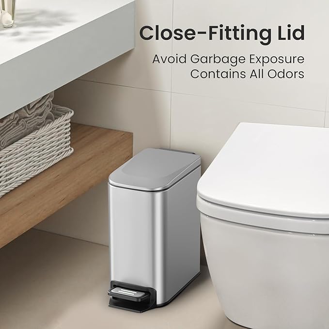 Cesun Small Bathroom Trash Can with Lid Soft Close, Step Pedal, 6 Liter / 1.6 Gallon Stainless Steel Mini Garbage Can for Office, Outdoor Trash Bin with Removable Inner Bucket (Silver)