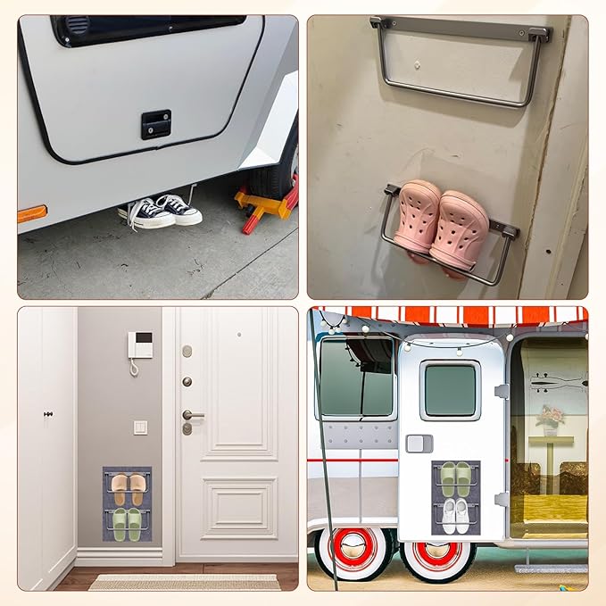 4PCS Foldable RV Shoe Rack with Wall Protector Double-sided Tape Wall-Mounted Aluminum Camper Shoe Storage Organizer Shelf for Various Shoes