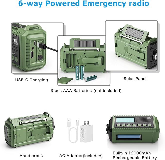 Emergency Radio 12000mAh Auto NOAA Weather Alert -Portable Solar Hand Crank Battery Operated AM/FM Shortwave Radio with Type-c Charger,Flashlight, SOS for Home Outdoor Hurricane Survival