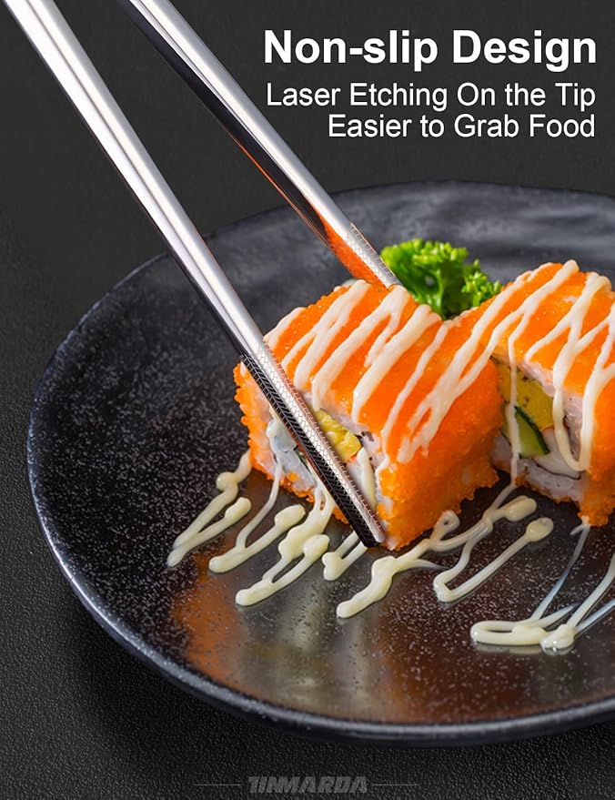 Metal Chopsticks Reusable 5 Pairs Stainless Steel Chopsticks Dishwasher Safe Square Lightweight Non-Slip Chop Sticks Present Set (Silver)