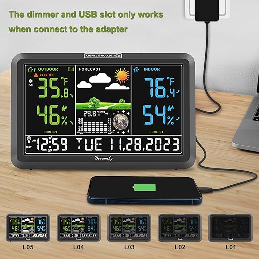 DreamSky Weather Station Indoor Outdoor Thermometer Wireless with Digital Atomic Clock for Home, Large Display with Adjustable Backlight, USB Port, Inside Outside Temperature Humidity Monitor