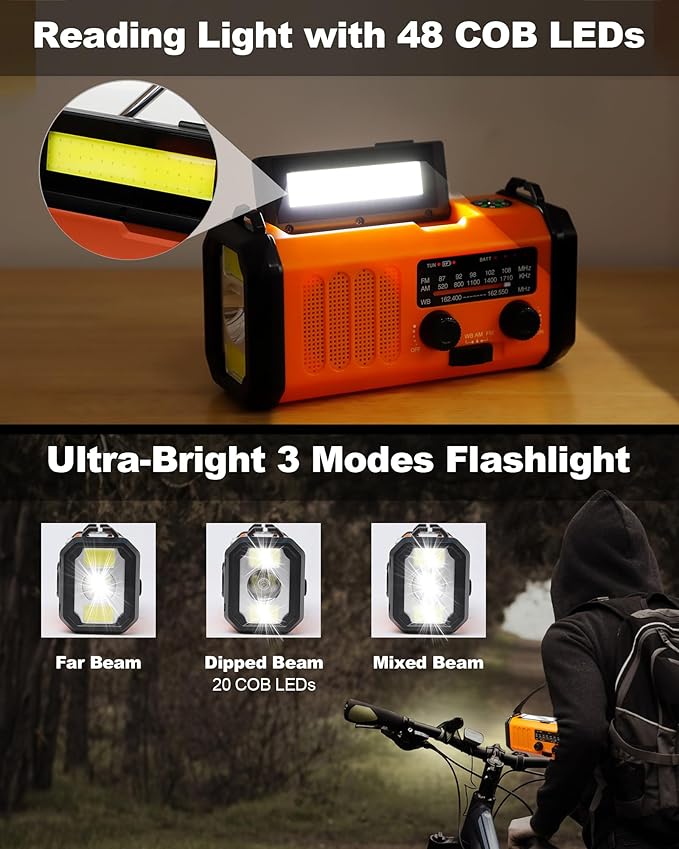 48100mWh/13000mAh Emergency Weather Radio, 4 Way Powered AM/FM/NOAA Portable Solar Crank Radio, Dynamo Phone Charger,700LM LED Flashlight/Reading Lamp,SOS,Compass for Hurricane Storm Camping Survival