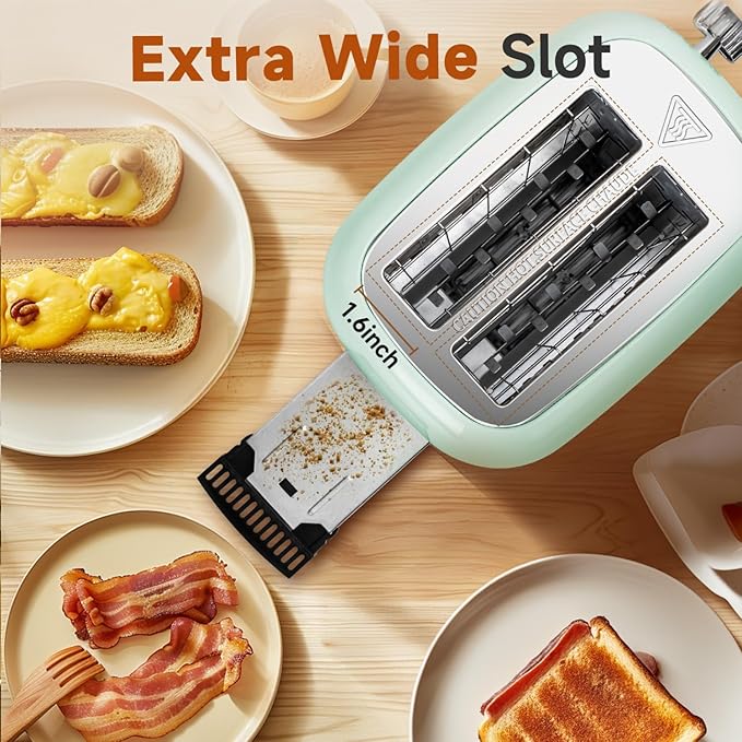 Aigostar Toaster 2 Slice Retro Toaster Stainless Steel, 1.6 inch Extra Wide Slots Bread Toaster Bagel, Cancel, Defrost Function, 6 Shade Settings & Removable Crumb Tray for Bread Waffle, Aqua Green