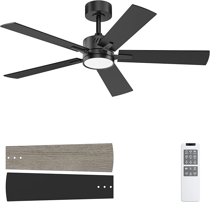 Ohniyou 48'' Ceiling Fans with Lights and Remote, 6 Speeds, 3 Colors & Dimmable LED Light, Quiet DC Motor Black Ceiling Fan for Bedroom Living Room