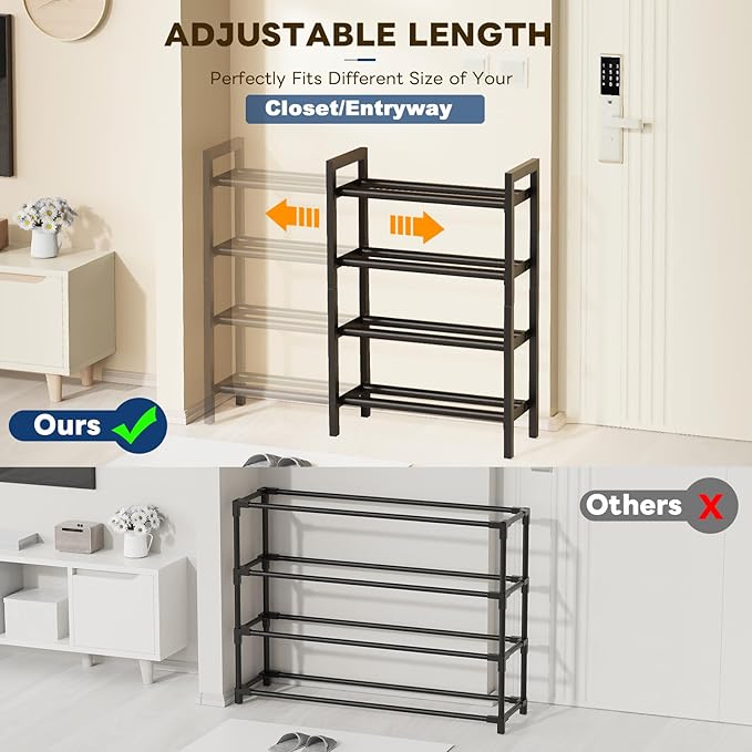 Mavivegue Expandable Shoe Rack, 4-Tier Shoe Organizer for Closet, Adjustable Shoe Rack for Front Door Entrance, Entryway