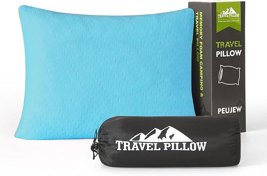 Small Shredded Memory Foam Pillow, Camping Pillow Travel Pillow - Compressible Medium Firm, Breathable Cover, Ideal Backpacking Hiking, Airplane and Car (Sky Blue, L)