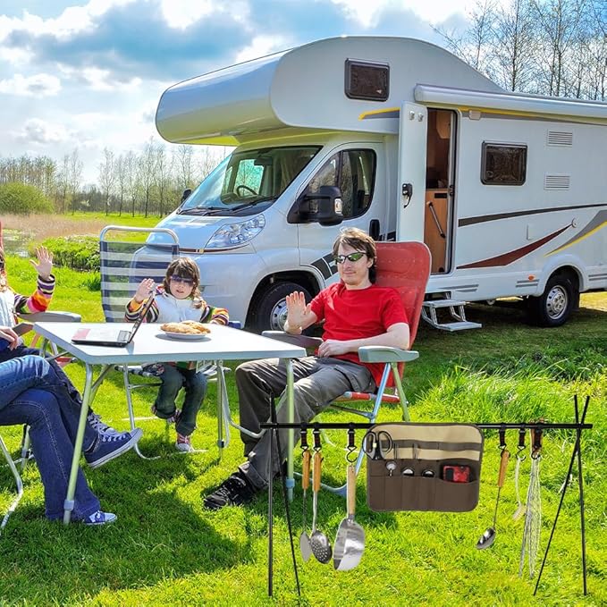 Camping Tableware Organize Bag, Knife Roll Cookware Set Canvas Storage Portable Hanging Picnic Cutlery Tablewares Storages Hang Out Equipment Hygiene Lightweight for Outdoor Barbecue Activities