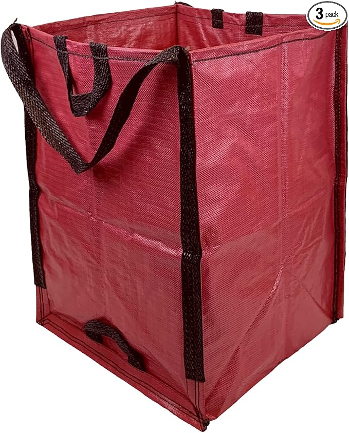 DURASACK Heavy Duty Home and Yard Bags 48-Gallon Reusable Self-Standing Lawn and Leaf Bags Garbage Can with Reinforced Handles, Red, 3 Pack