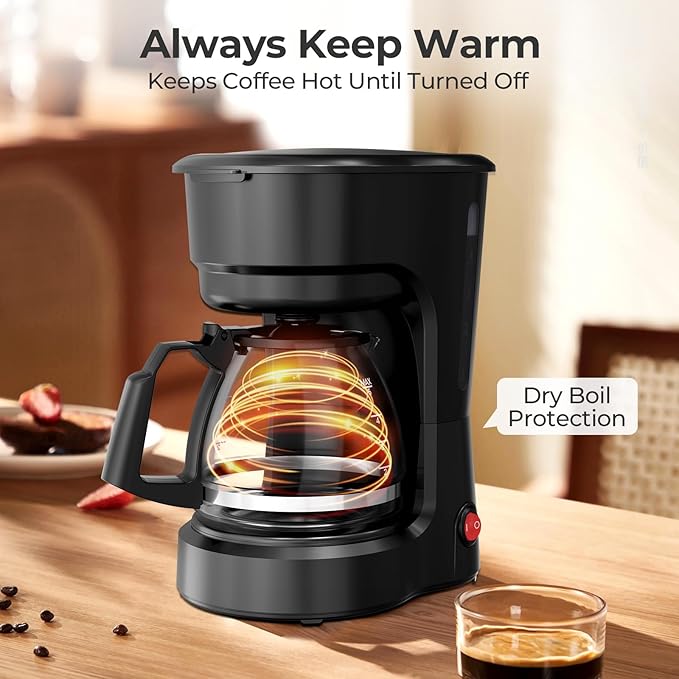 5-Cup Drip Coffee Maker, Compact Coffee Machine with Food-grade Glass Carafe, Always Keep Warm with Manual Switch, Delay Brew, 25oz Water Reservoir, Ideal for Home/Office/Travel/Outdoor - Black