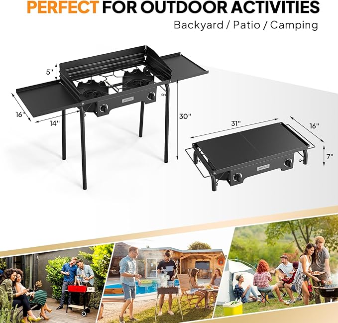 ROVSUN 2 Burner Outdoor Camping Stove with Wind Panel & Shelves, Heavy Sturdy Propane Burner, Gas Cooker with Detachable Legs & CSA Regulator for Home Camp Paito Cooking Frying Canning