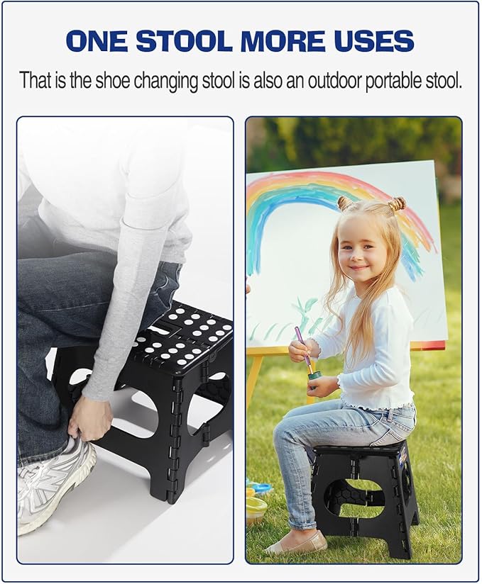 ACKO Folding Step Stool Foldable Step Stools for Kids, 11 Inch Foot Stool Black Plastic Step Stool with Portable Handle Small Stool Hold up to 300lbs for Bathroom, Kitchen 1PC