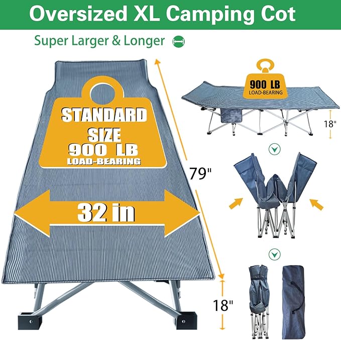 2 Pack Oversize Cot 79" L x 32" W x 18" H Camping Cot with Comfortable Mattress for Adults XXL Cots for Camping Bed Extra Large Folding Cot Heavy Duty with Carry Bag for Home Outdoor Indoor