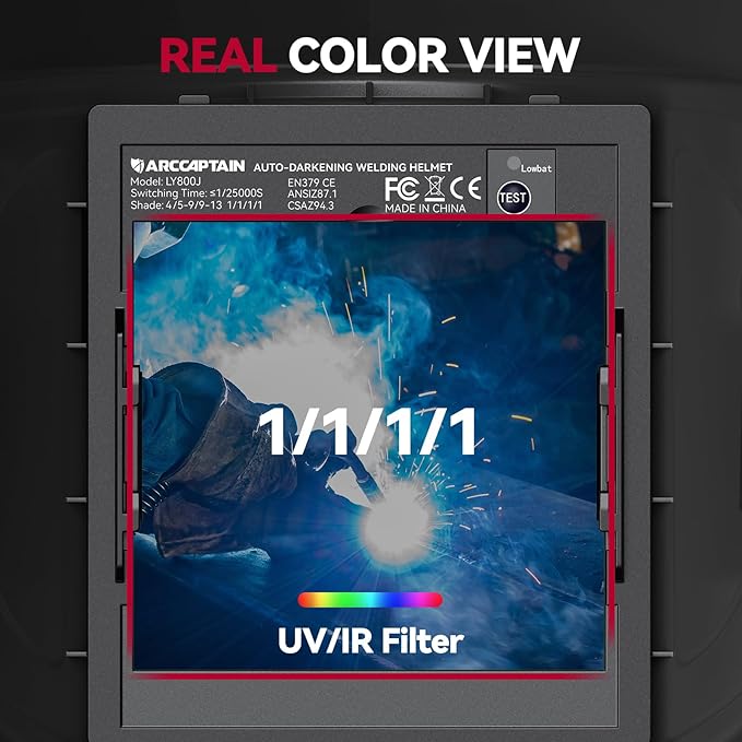 ARCCAPTAIN Large Viewing Screen 3.93"X3.66" Welding Helmet, True Color 1/1/1/1 Solar Power Auto Darkening Welding Hood with 4 Arc Sensor, Wide Shade 4/5-9/9-13 for TIG MIG ARC, Skeleton