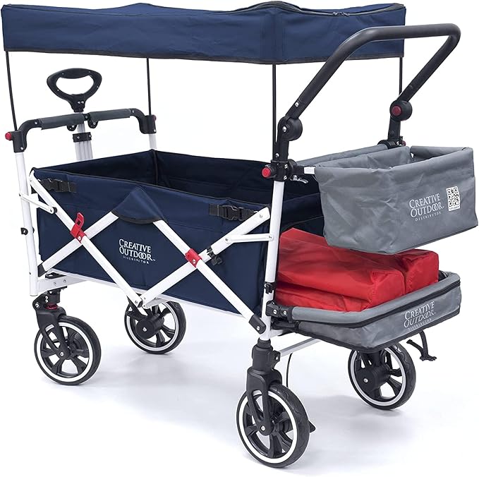 Creative Outdoor Wagon for Kids Push Pull Collapsible Stroller with Canopy Folding Cart | Titanium Series Plus | Beach, Park, Garden (Solid Navy Blue)