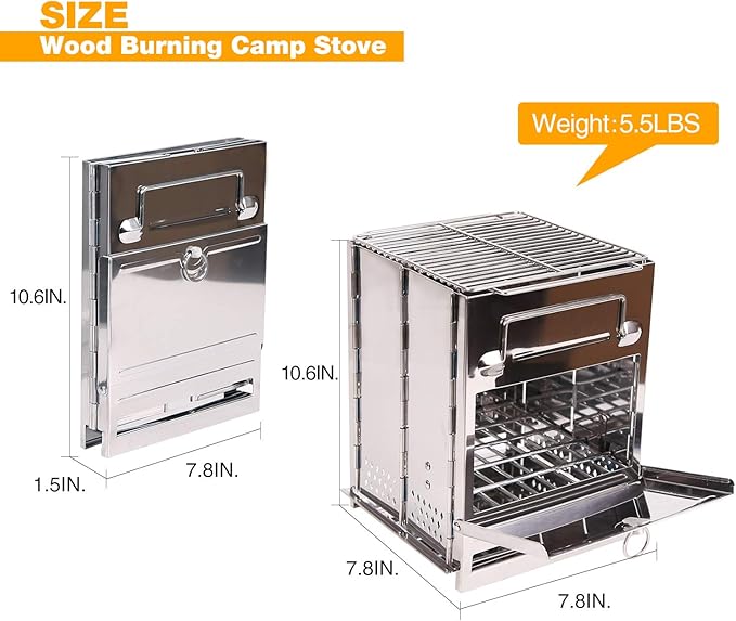 Portable Folding Camping Wood Stove for Outdoor Cooking, Sturdy Lightweight 304 Stainless Steel Wood Burning Camp Stove with Grill for Backpacking BBQ Small/Large (Large)