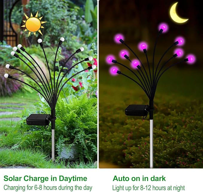 Kohlrabi Solar Garden Lights Outdoor, 2 Pack 20 LED Solar Pink Firefly Lights Waterproof, Sway by Wind, Swaying Light for Yard Patio Backyard Garden Planter Flower Bed Pathway Outdoor Decoration