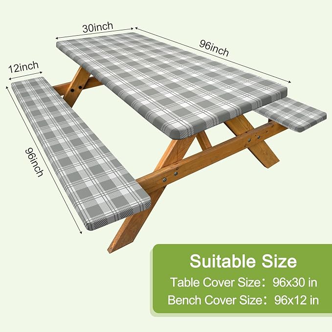 Picnic Table Cover with Bench Covers Camping Tablecloth with Storage Bag Windproof Waterproof Picnic Table Covers with Elastic for Camping