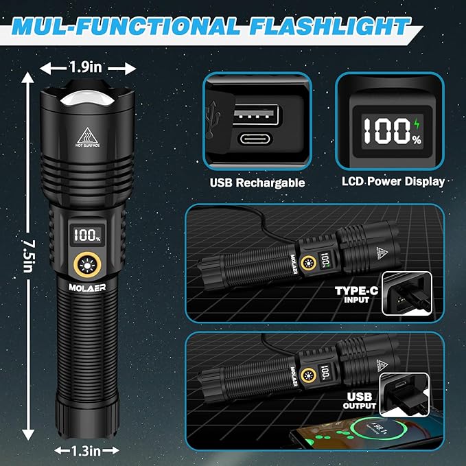 Rechargeable Flashlights 2200 High Lumens, Super Bright LED Flashlight with Zoomable, 6 Modes, IPX6 Waterproof, Powerful Tactical Handheld Flash Light for Camping, Hiking, Emergencies