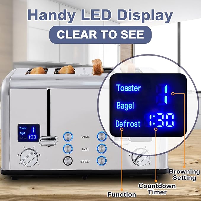 CUSIMAX 4 Slice Toaster, Ultra-Clear LED Display & Extra Wide Slots, Dual Control Panels of 6 Shade Settings, Cancel/Bagel/Defrost Function, Removable Crumb Trays, Stainless Steel Toaster