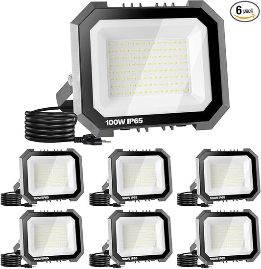 6 Pack LED Flood Lights Outdoor, 100W 10000LM Super Bright Floodlight Outside Work Light with 5.9FT Plug, IP65 Waterproof 6000K Outdoor LED Flood Light for Garage, Yard, Lawn, Garden