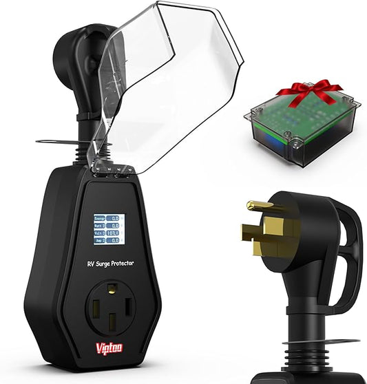 RV Surge Protector 50 Amp with Extra Replacement Module, 1.77" Smart LED Display, 12000 Joules Circuit Analyzer, Waterproof Design with Oversized Cover for Camper & Trailer Power Plug