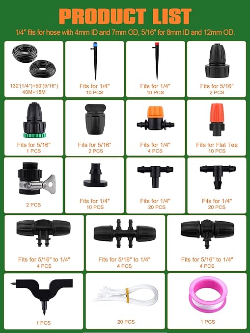 182FT Automatic Drip Irrigation Kit, Kalolary Garden Watering System with 1/4" 5/16" Distribution Tube Micro Patio Misting Equipment Adjustable Nozzle Sprinkler Emitters Barbed Fittings for Greenhouse