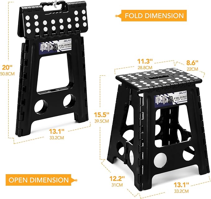 Delxo 16 Inch Folding Step Stool,Foldable Stool for Adults with Safety Lock,Portable Collapsible Plastic Stepstool,Non Slip Folding Stools for Kitchen Bathroom Bedroom Up to 400LBS,(Black 1PC)