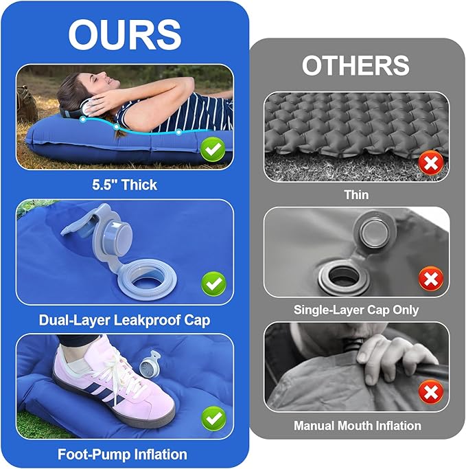 Camping Sleeping Pad,5.5" Extra Thick Inflatable Sleeping Pads with Pillow Built-in Foot Pump Sleeping Mat Compact for Camping, Backpacking, Hiking,Traveling Tent