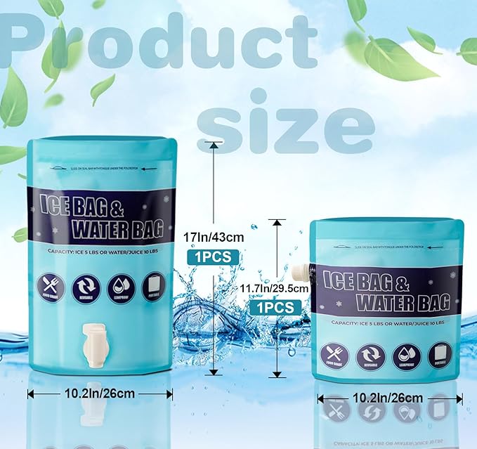 Ice Bags for Cooler, Reusable Ice Cube Bag with Sealed Sliding Handle, Long Lasting Cold Dry Freezer Packs, 5lb & 2.5lb Leakproof Water Bag for Camping Hiking Fishing & Drinks(1 Large & 1 Medium)