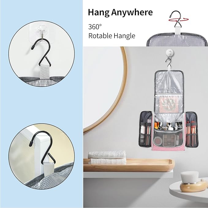 Della Gao Big Capacity Portable Travel Hanging Toiletry Bag Men and Women, Cosmetics Makeup Bag Toiletries Organizer, Water-Resistant Nylon Bathroom Bag, Pink