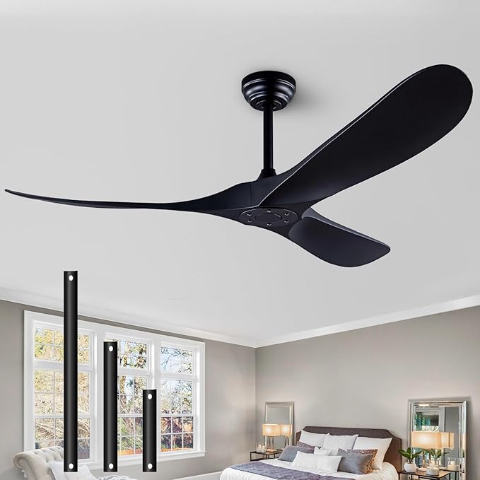60" Solid Wood Lampless Ceiling Fan, Indoor/Outdoor, Modern, Black, 3 Wood Blades, DC Inverter Motor, Remote Control, 6 Speeds, 145 RPM, 30DB, for Living Room, Bedroom, Office, Farmhouse
