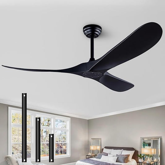 60" Solid Wood Lampless Ceiling Fan, Indoor/Outdoor, Modern, Black, 3 Wood Blades, DC Inverter Motor, Remote Control, 6 Speeds, 145 RPM, 30DB, for Living Room, Bedroom, Office, Farmhouse