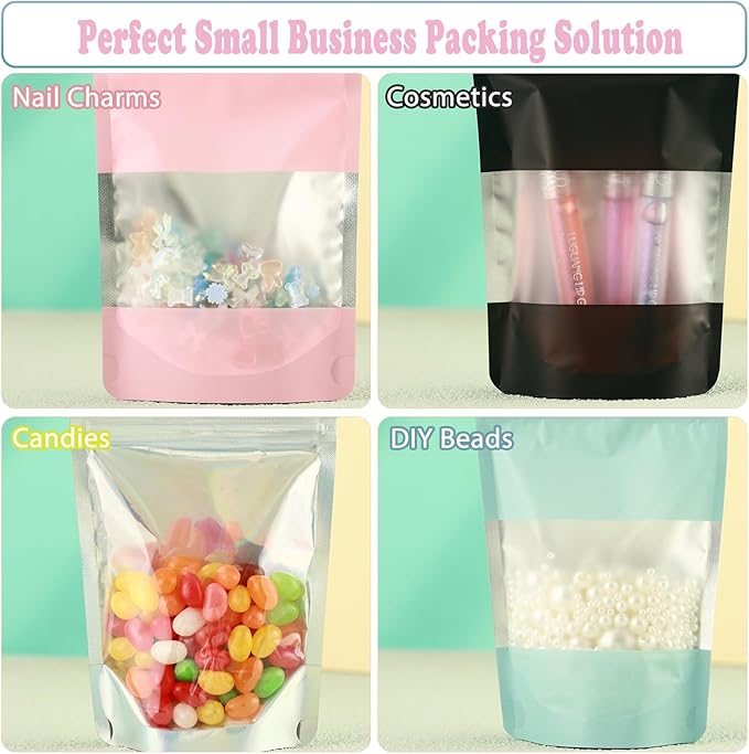 200 Pcs Mylar Bags for Food Storage 5x8 Mylar Bag with Window, Foil Stand Up Resealable Bags for Food, Smell Proof Bag Freeze Dried Candy Packaging Sealable Pouch Jewelry Bracelet Pouch Green