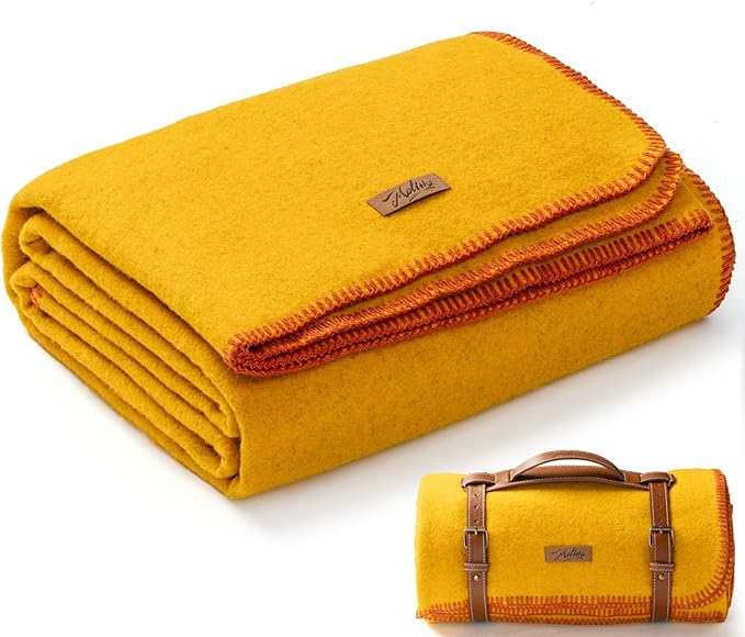 100% Wool Blanket, 48" x 62", Warm, Thick, Washable, Military Wool Blanket, Great for Camping, Outdoors, Sporting Events, Survival Kits, Yellow