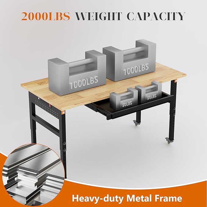 60" Adjustable Workbench on Wheels, 2000 LBS Heavy Duty Work Table with Power Outlets & Pegboard, Rubber Wood Workstation for Garage, Workshop, Office, Home, Commercial