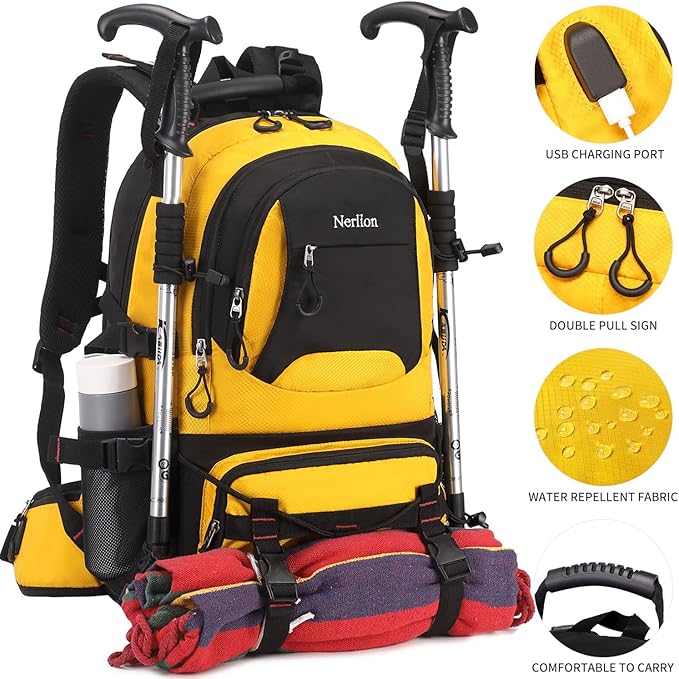 Nerlion 40L Hiking Backpack Travel Backpack for Men Women Camping Waterproof Outdoor Hiking Daypack Lightweight Backpack (Yellow)