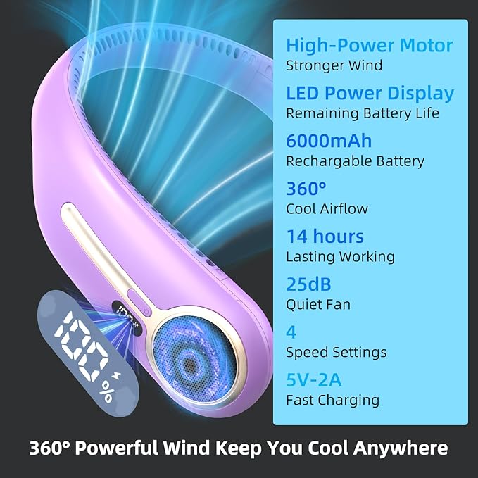 Portable Neck Fan,Gift Ideas,Personal Wearable Bladeless Fan,360° Cooling,LED Display,4-Speeds,6000mAh Rechargeable,Powerful Wind,Outdoor Travel Camping,Birthday Gifts for Men Women Dad Mom (Purple)