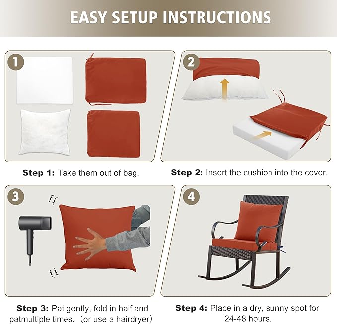 Outdoor Cushions for Patio Furniture, Waterproof Outdoor Chair Cushion w/Fade-Resistant, Removable & Machine-Washable Cover, 22x22 Inch, Deep Seat Sofa/Couch Pad Replacement – Set of 4, Rust