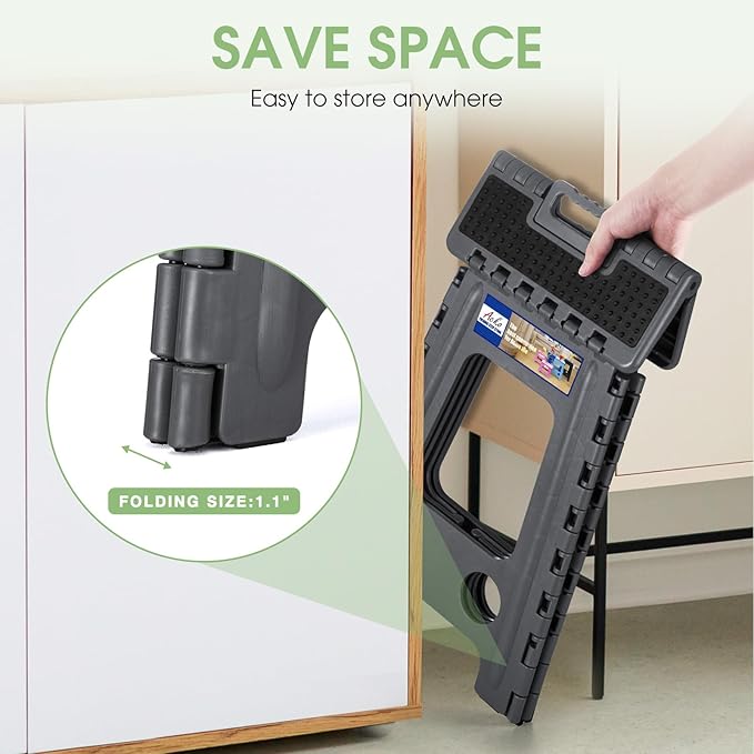 ACKO Folding Step Stool Foldable 17.5 Inch Stools for Adults and Kids,Plastic Stools Tall 400 lbs Capacity, Collapsible Stool for Kitchen, Stepping Foot Stool with Handle, Dot Grey,1 PC