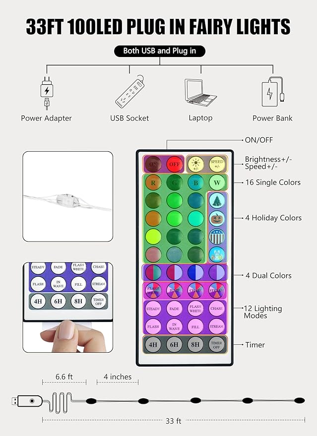 Minetom Upgraded Color Changing Fairy String Lights - 33 ft 100 LED 24 Colors USB Silver Wire Lights with Remote and Timer for DIY Bedroom Party Indoor Christmas Decoration, Adapter Included